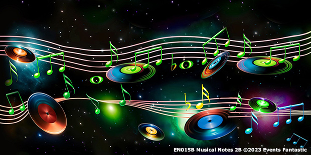 A colorful digital illustration of musical notes, vinyl records, and abstract patterns set against a cosmic backdrop.