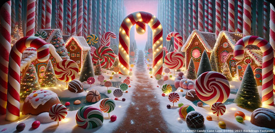 A snowy scene with a large candy cane pathway flanked by gingerbread houses, colorful candy decorations, and lit Christmas trees, leading toward a soft glowing horizon—welcome to Candy Cane Lane.