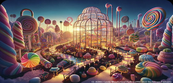 A whimsical amusement park features oversized candy and lollipops, with a glass-domed structure at its center, illuminated by warm lights and surrounded by winding paths, reminiscent of Candy Cane Lane.