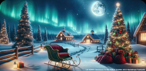 A snowy Christmas Eve scene with a sleigh, decorated tree, gifts, cabins, and a sky filled with the shimmering northern lights and a full moon, capturing the magic of the holiday.