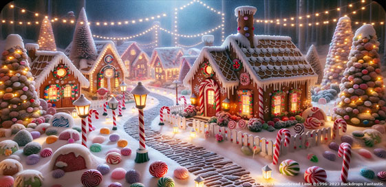 A festive Christmas village diorama featuring gingerbread houses adorned with icing and candies, surrounded by candy canes, gumdrops, and holiday lights. This charming scene captures the magic of the holiday season perfectly.