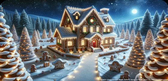 A gingerbread house adorned with icing and candy stands proudly on Gingerbread Lane, surrounded by gingerbread trees and figures under a starlit, snowy night sky.