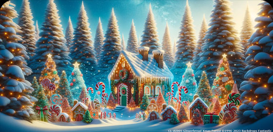 A festive gingerbread house scene surrounded by decorated gingerbread trees, candy canes, and other holiday sweets, set in a snowy, tree-lined winter landscape with twinkling lights reminiscent of Night Before Xmas magic.