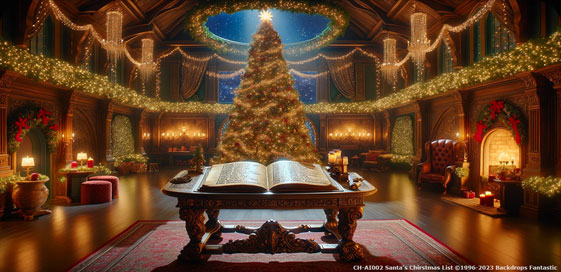 A grand, festive room with a large, decorated Christmas tree in the center, flanked by garlands and lights, reminiscent of Santa's Workshop on Christmas Eve. A large open book sits on an ornate table in the foreground.