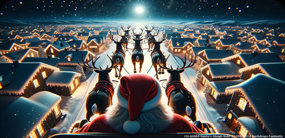 Santa Claus is flying in his sleigh pulled by reindeer over a snowy, illuminated Christmas village at night.