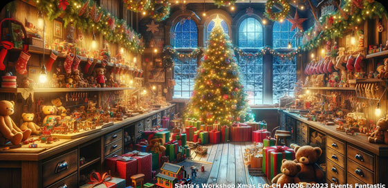 A festive workshop filled with Christmas decorations and toys, featuring a decorated tree, wrapped presents, and stuffed animals set against a snowy window backdrop, with the delightful aroma of gingerbread wafting through the air.