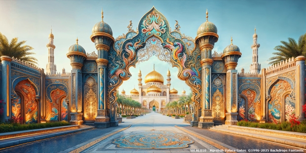 Ornate palace gates with intricate patterns lead to a grand palace with golden domes, reminiscent of Agrabah. Palm trees line the pathway, offering shade to visitors exploring the nearby bustling bazaar.