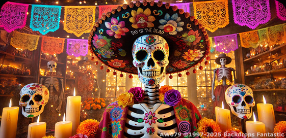 A decorative skeleton with a floral hat and face paint graces a vibrant Day of the Dead altar, surrounded by flickering candles and colorful papel picado banners, celebrating life in the spirit of this sacred tradition.